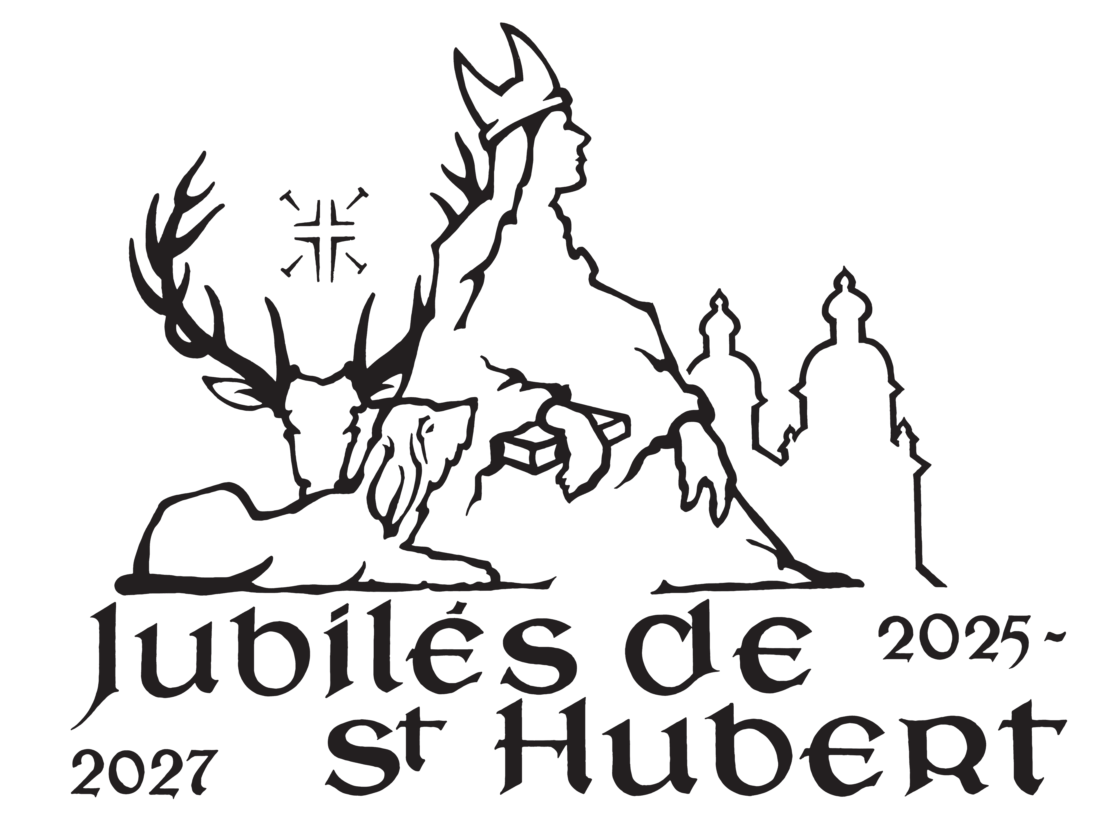 Monotype des jubilés, comprenant un saint, un crane de cerf, un chien de chasse et la basilique avec écrit : 'Jubilés de St Hubert 2025-2027'