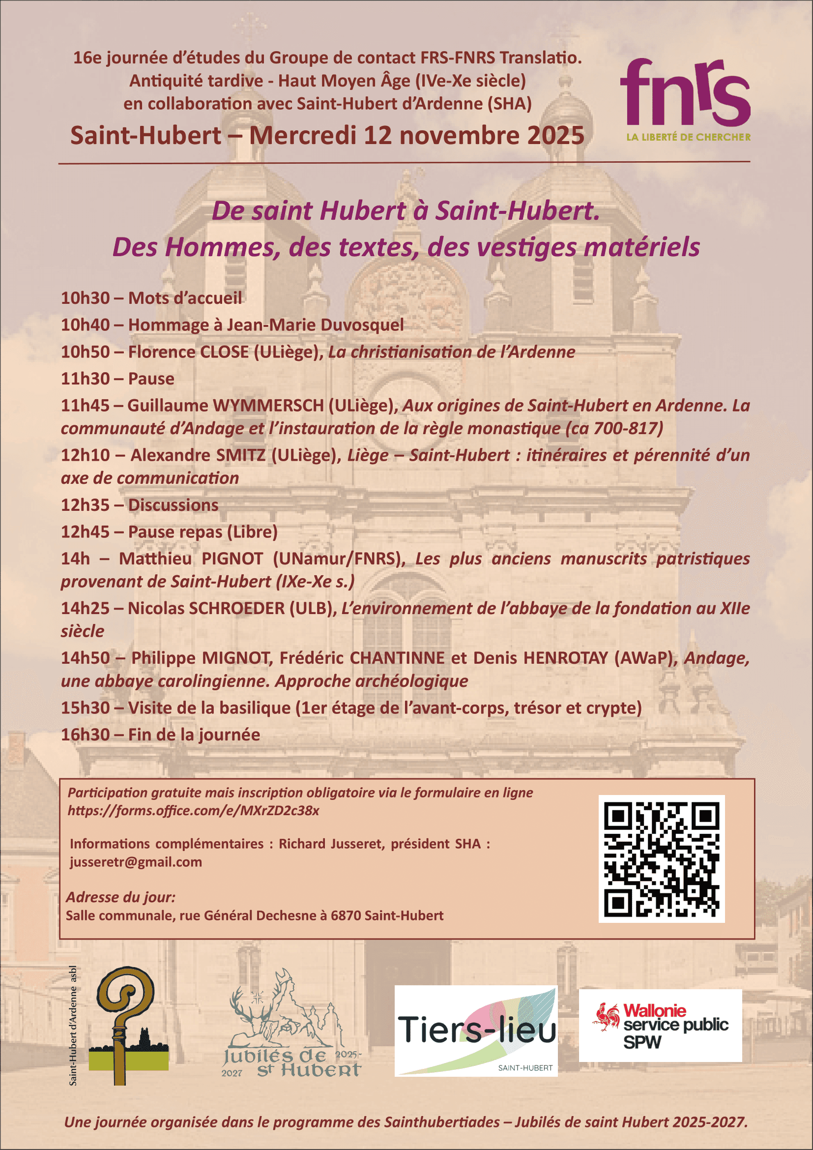Affiche des événemenents de la journée du 12 novembre 2025 sur les origines de saint Hubert